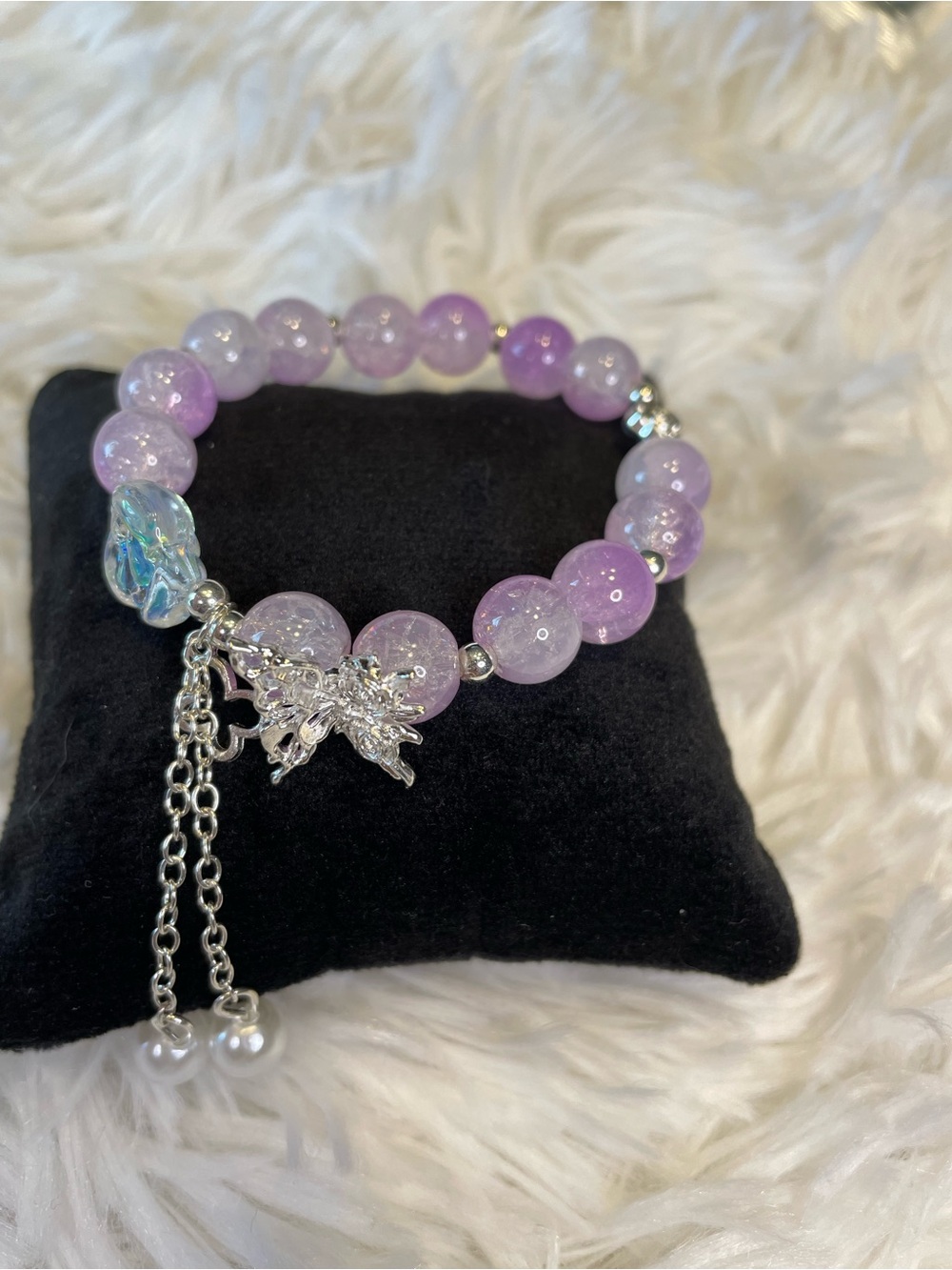 Lavender Beaded Butterfly Charm Bracelet